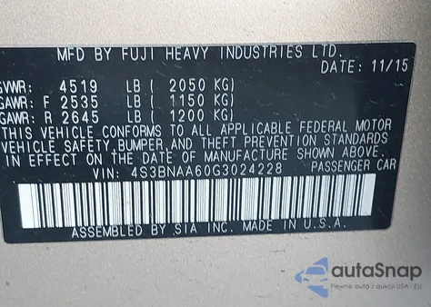 2016 Subaru Legacy 2.5I z USA, uszkodzony, nr VIN 4S3BNAA60G3024228